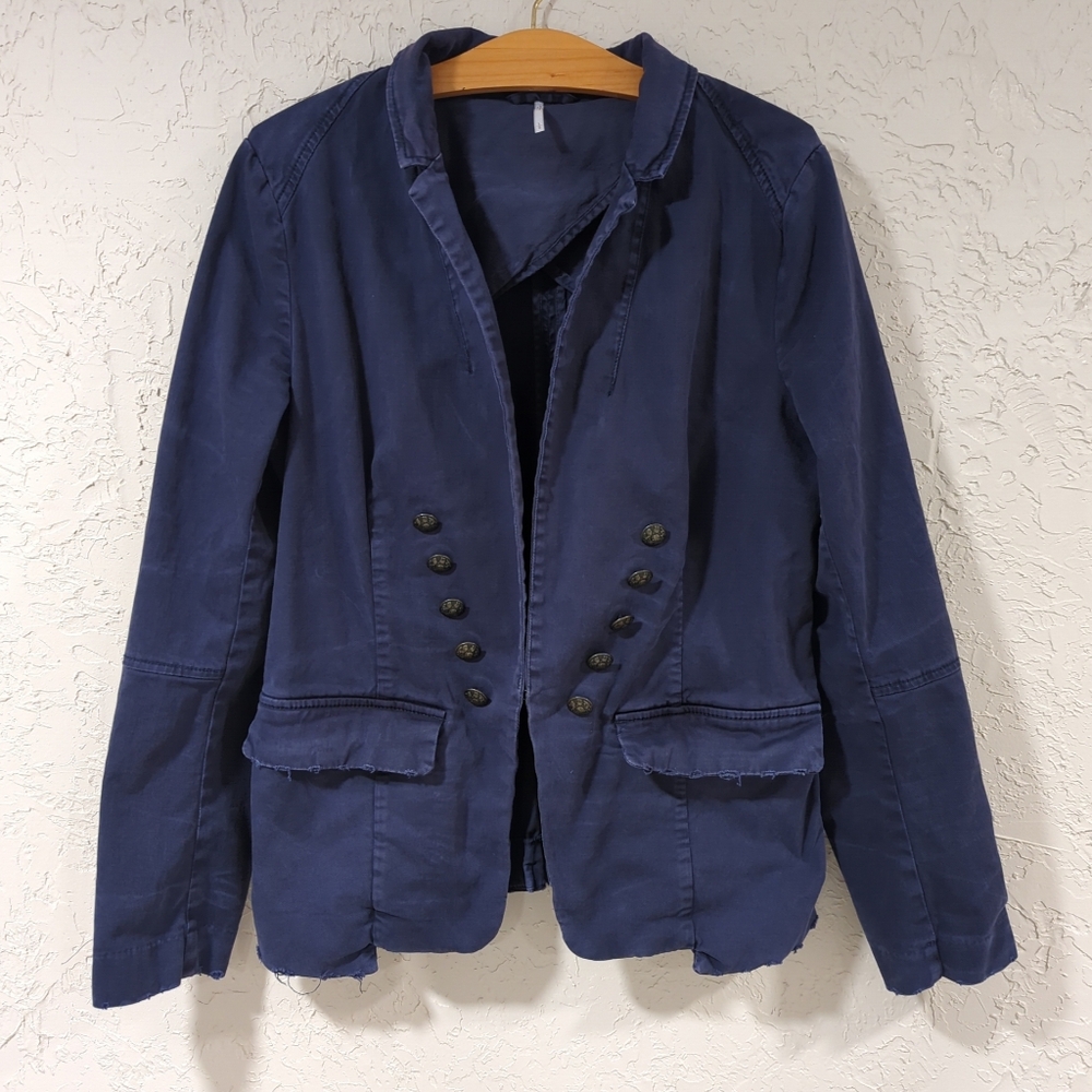 Free People Navy Double-Breasted Jacket Blazer Women's L Military Distressed